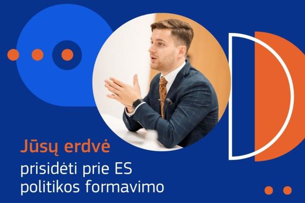 Piliečių dalyvavimo platformos plakatas, vaizduojantis diskutuojantį vyrą